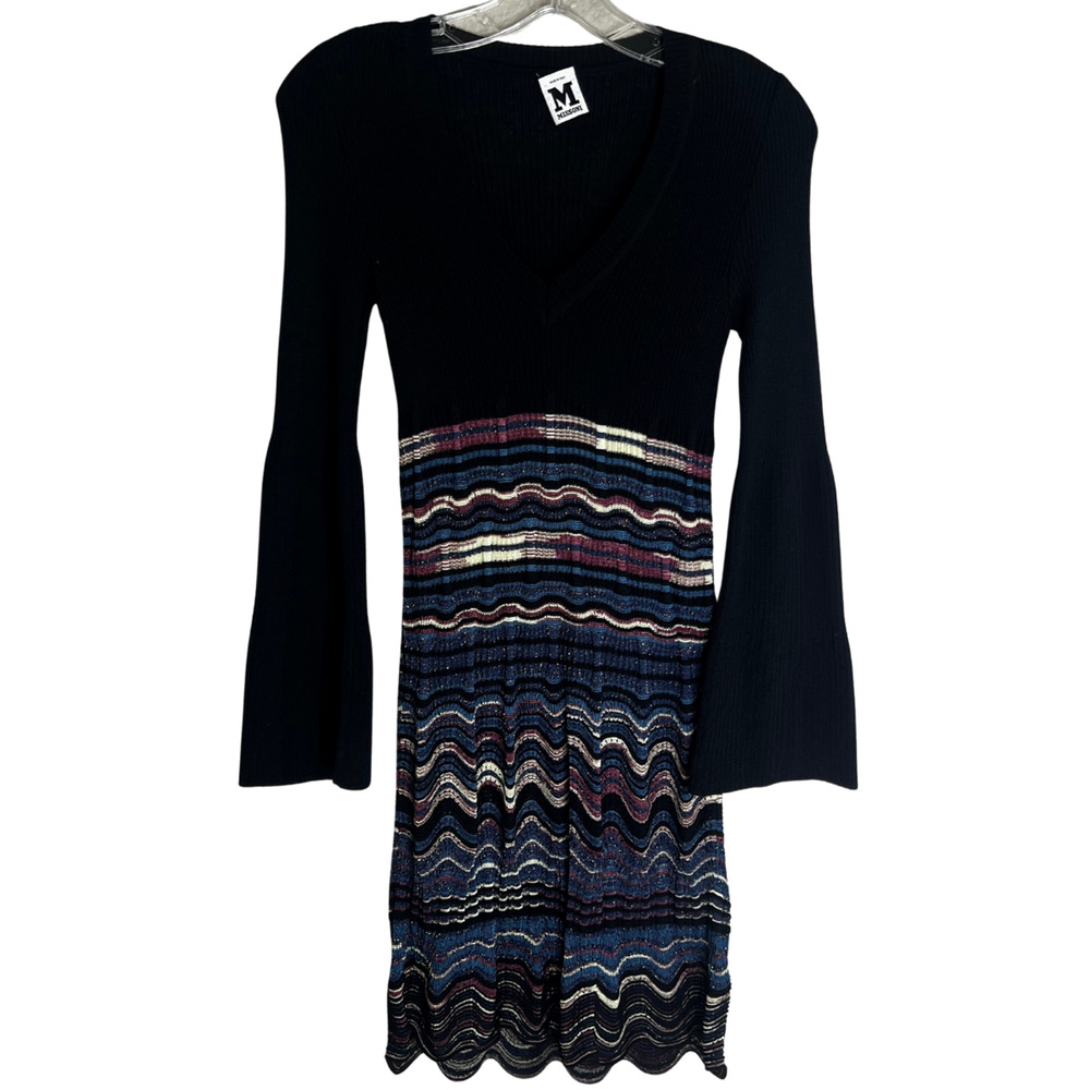 M Missoni Knit Dress Sz 0 Black Chevron V Neck Bell Sleeve Wool Blend Italy